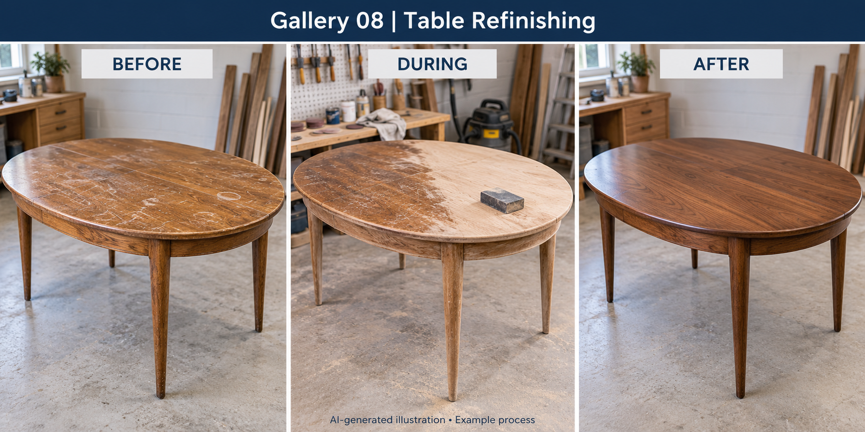 Worn finish, sanding in progress, and a refinished table. AI-generated before, during, and after illustration.