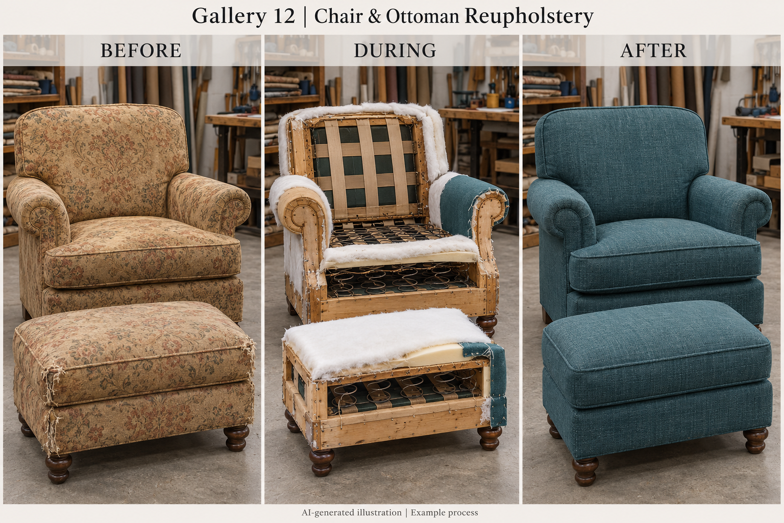 A worn chair and matching ottoman, exposed frames and replacement padding, and the fully reupholstered set. AI-generated before, during, and after illustration.