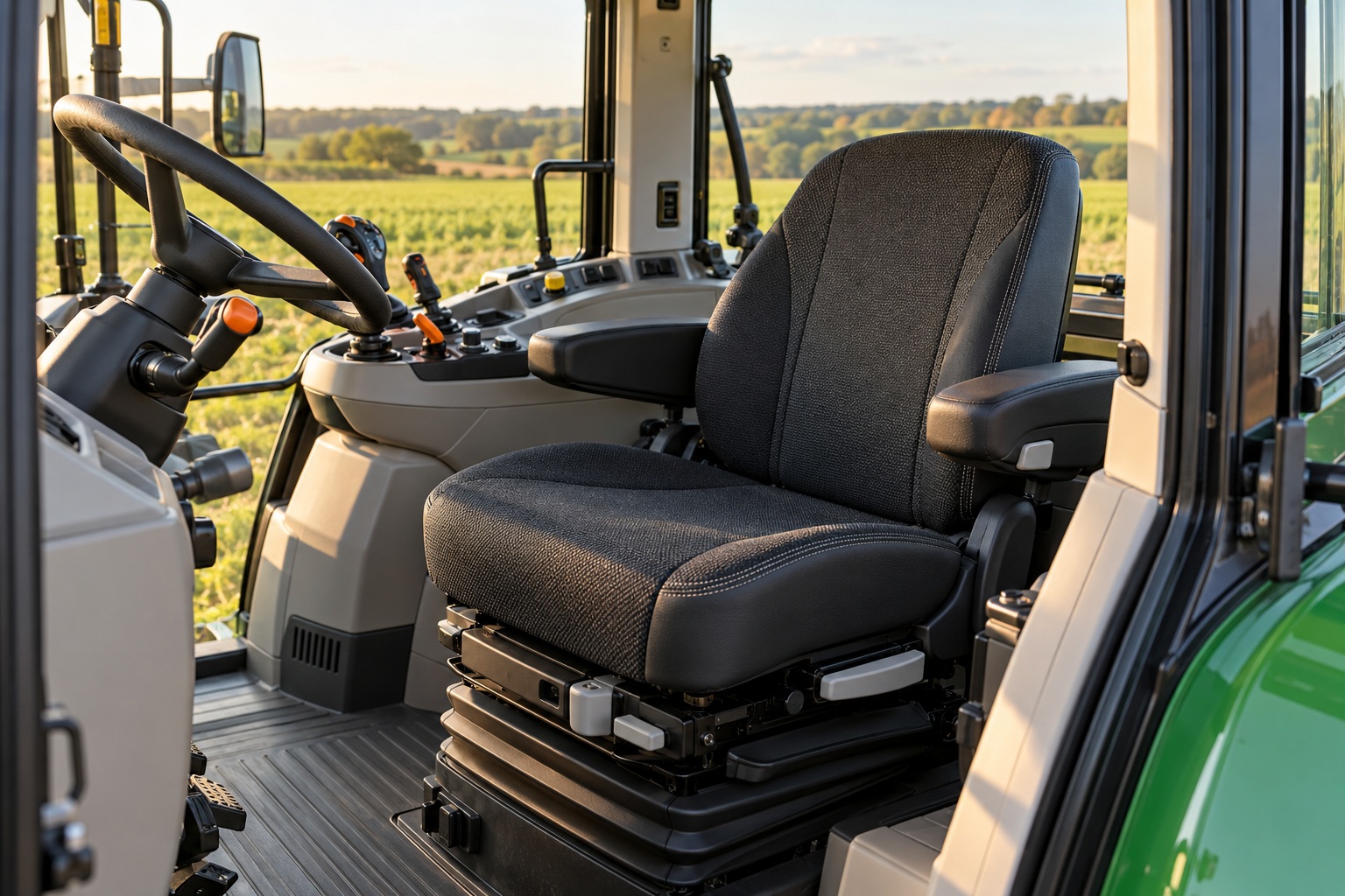 Photo-style illustration of an upholstered suspension seat inside a tractor cab