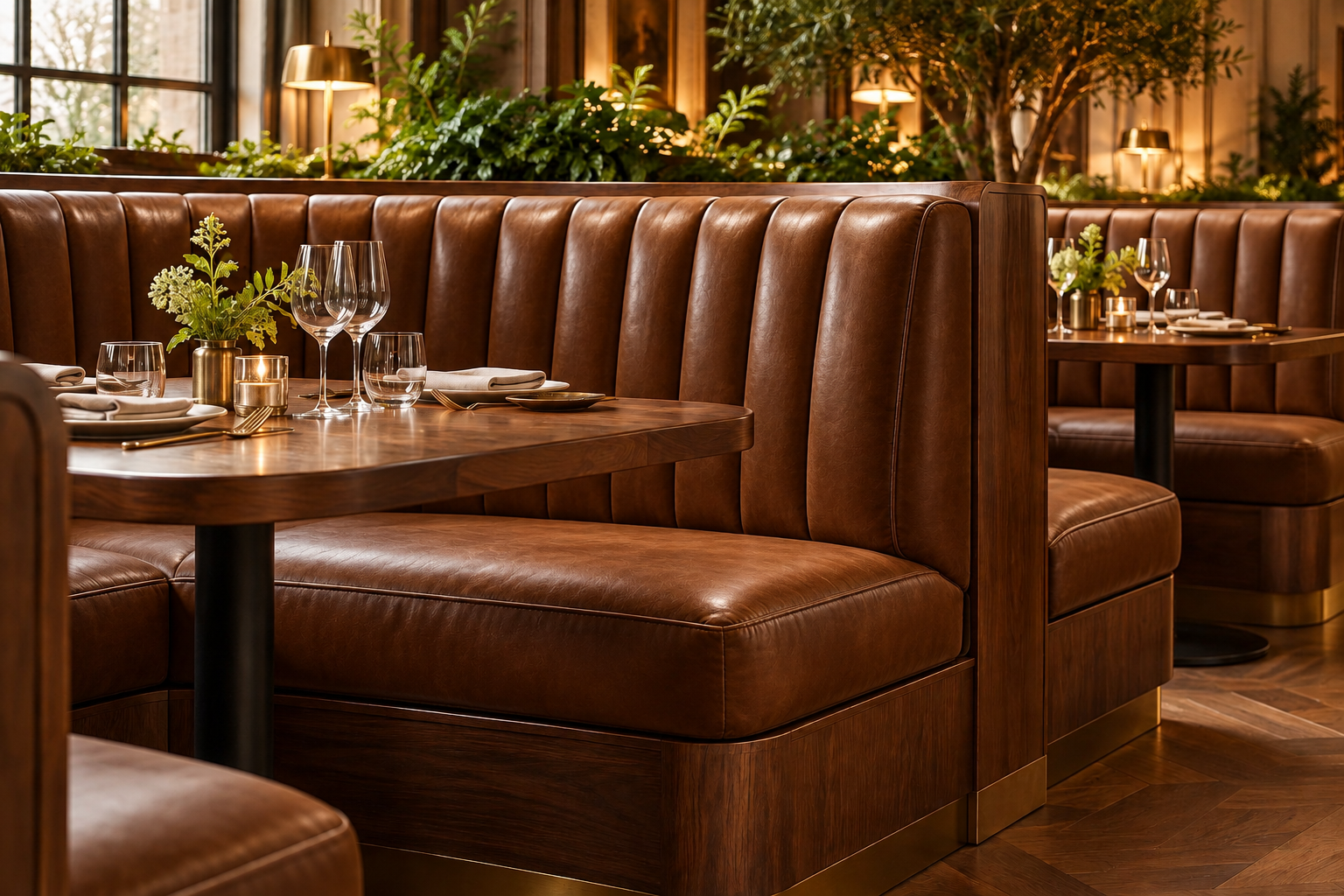 Brown upholstered restaurant booths beside set dining tables