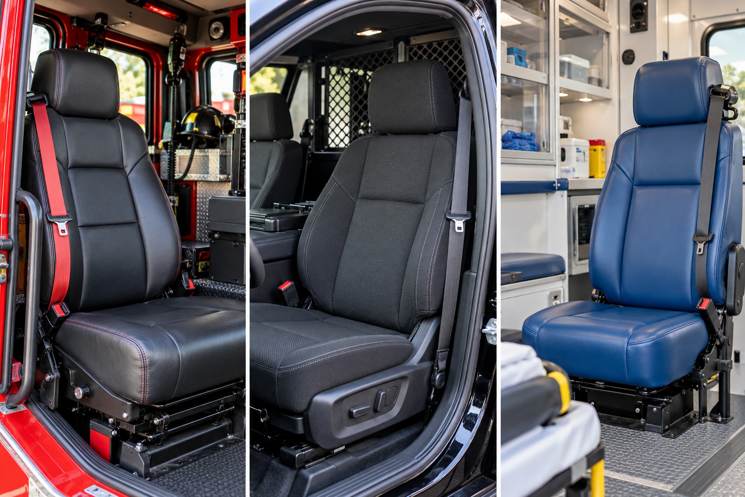 Photo-style illustration showing a fire engine crew seat, police SUV driver seat and ambulance attendant seat