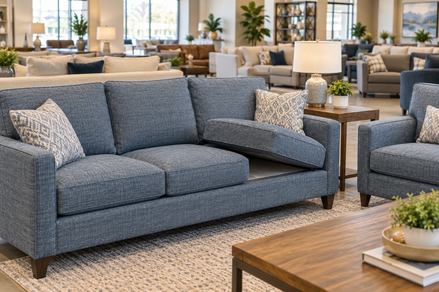 Photo-style illustration of upholstered sofas and chairs in a furniture store showroom
