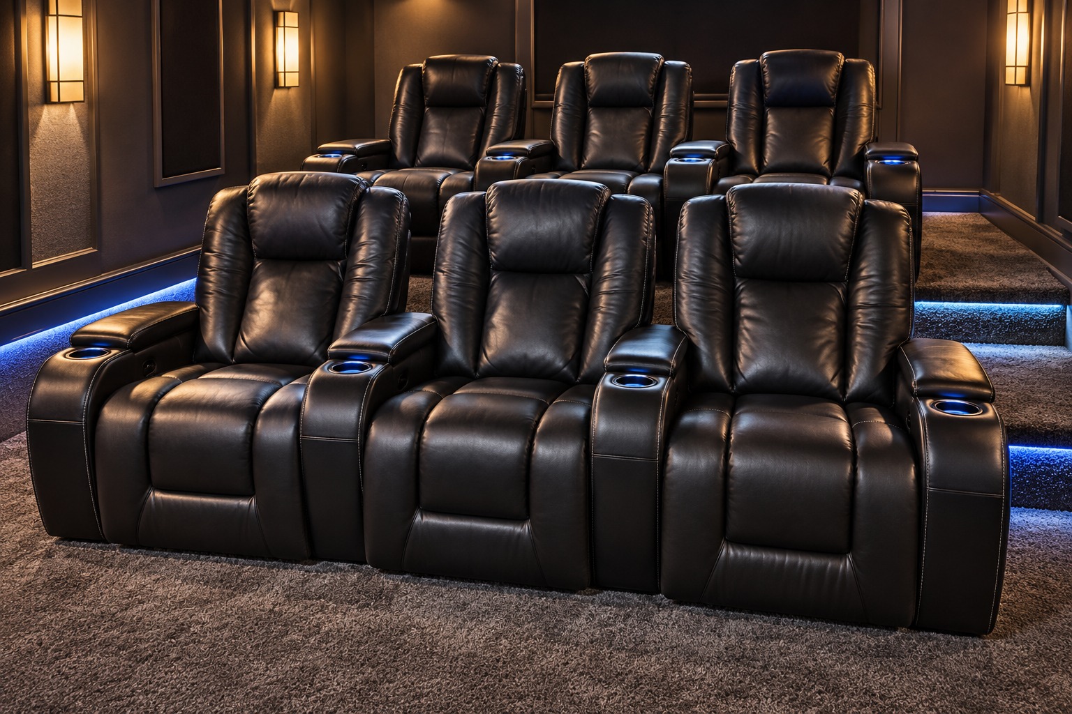 AI-generated home theater with two rows of black leather reclining theater seats