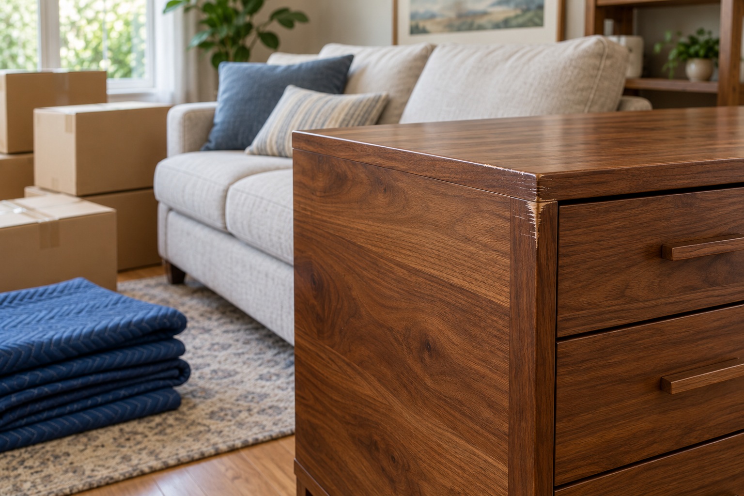 Photo-style illustration of wood furniture with a scraped corner beside a sofa, moving blankets and boxes