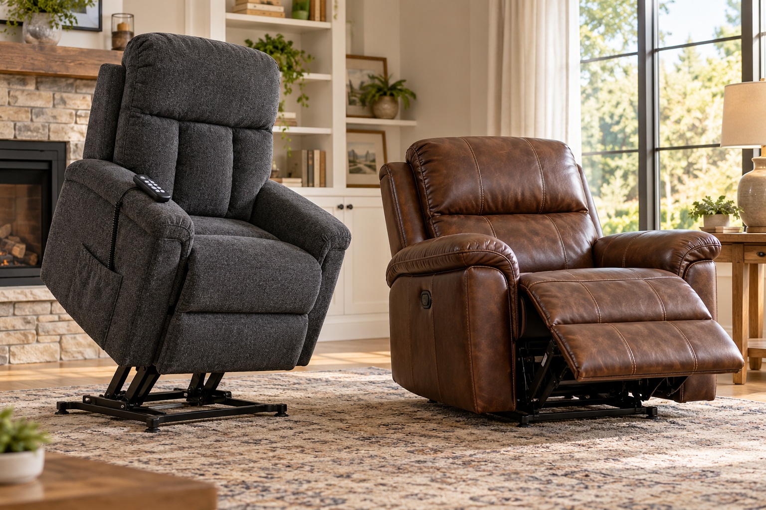 Photo-style illustration of a power lift chair and leather recliner in a living room